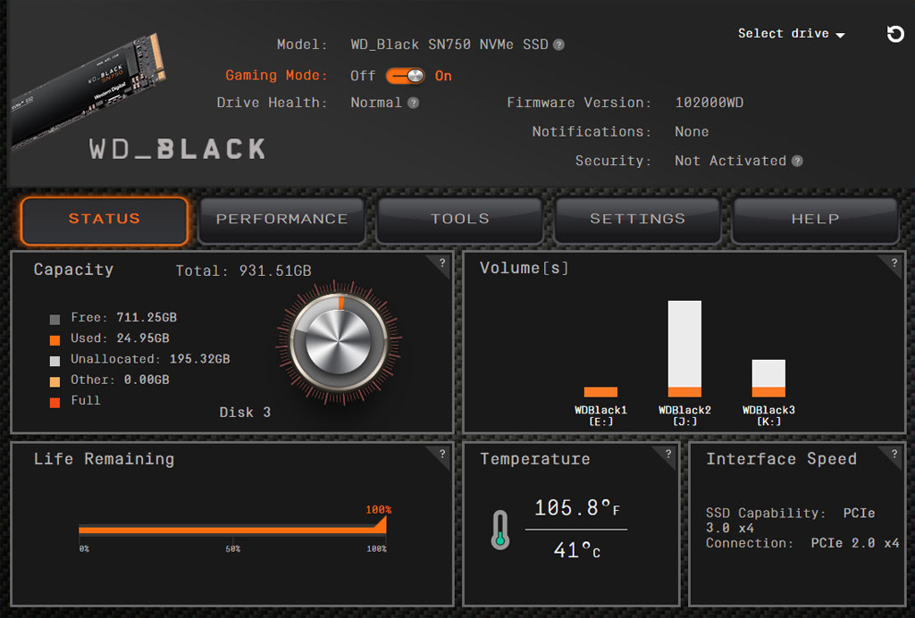 Western Digital Dashboard zur Diagnose von SSDs (Bild: Western Digital).