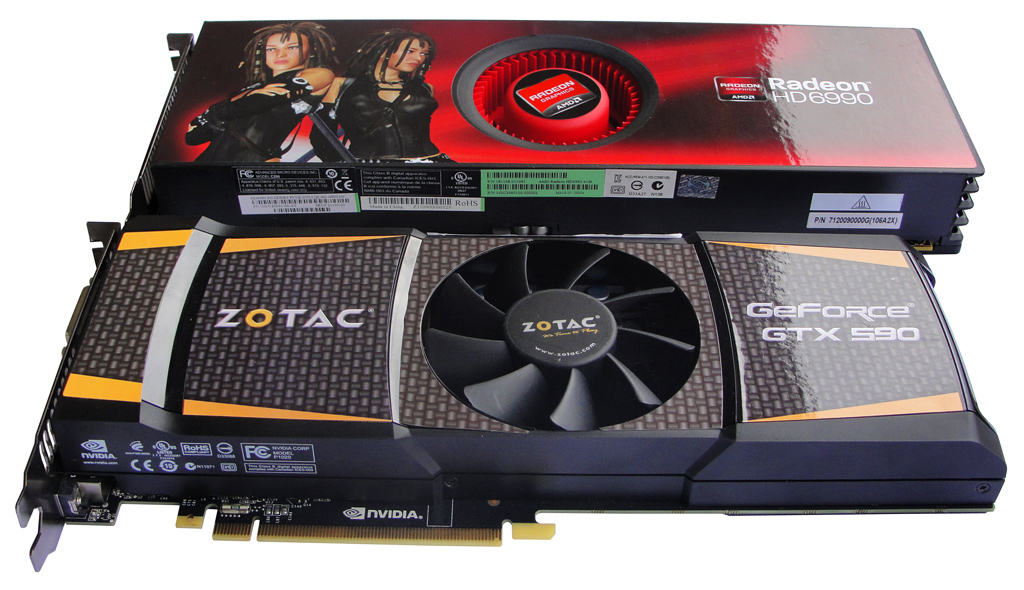 ZOTACs GeForce GTX 590 im Vergleich mit einer Sapphire HD 6990.