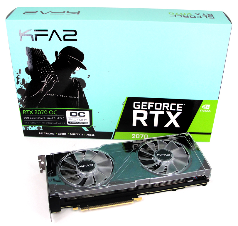 Die Verpackung der KFA2 GeForce RTX 2070 OC samt der Grafikkarte selbst abgelichtet.