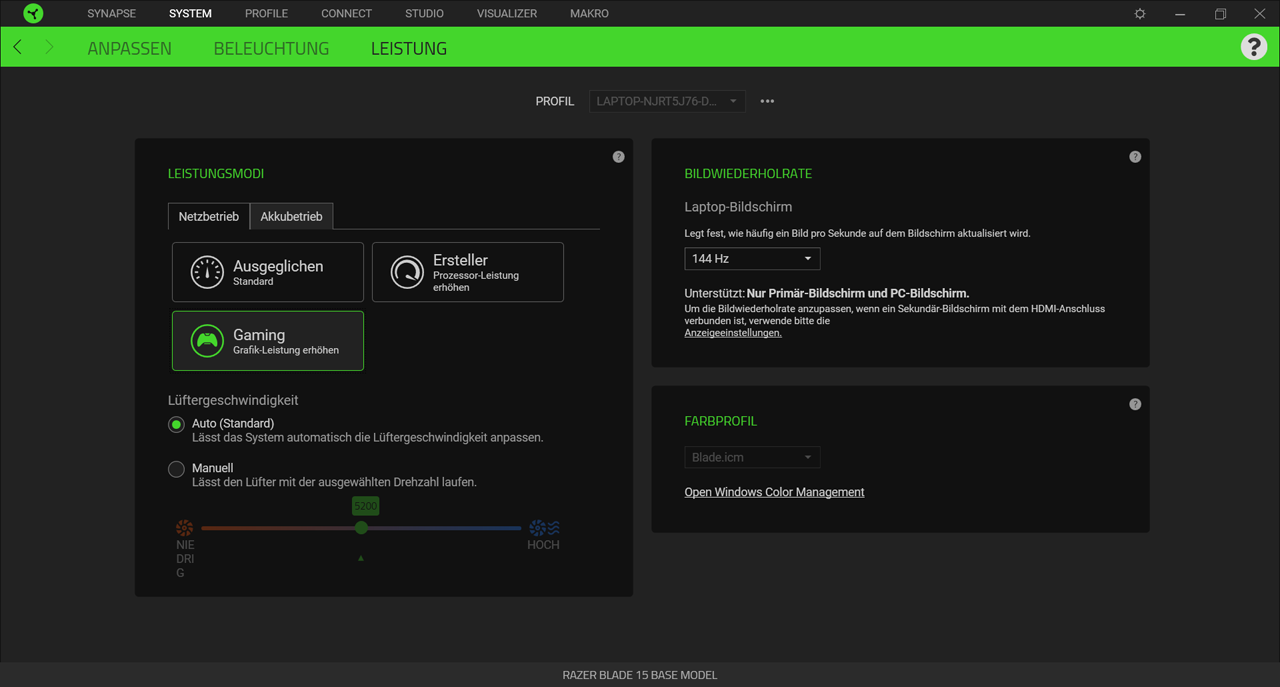 Razer-Software zur Profil-Auswahl.