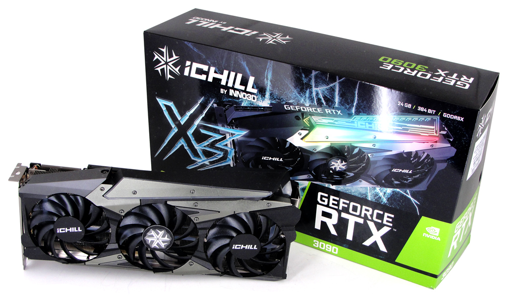 Die Inno3D GeForce RTX 3090 iCHILL X3 Grafikkarte samt Verpackung auf einen Blick.