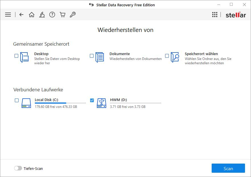 Auswahl des Laufwerks, von dem Daten wiederhergestellt werden sollen