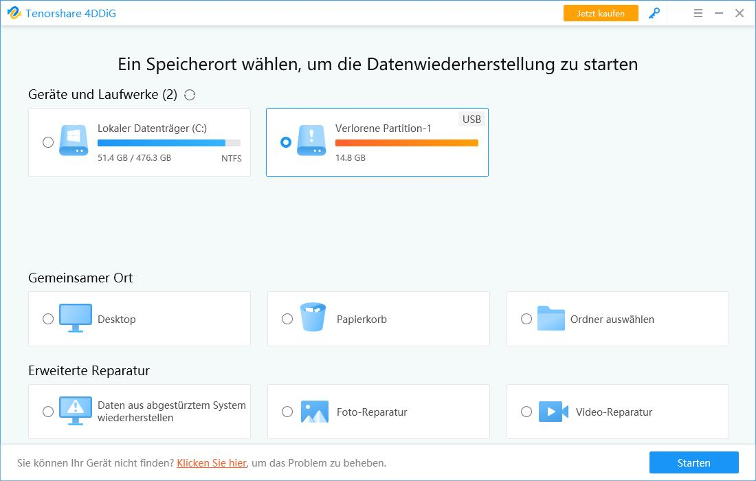 Nach dem Start der Software werden die möglichen Optionen angezeigt