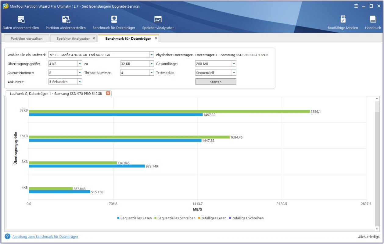 Über die integrierte Benchmark-Funktion kann man die Leistung von Laufwerken überprüfen.